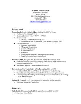 ROBERT ANDERSON IV Pepperdine University School of Law 24255 Pacific Coast Highway Malibu, CA 90263 (310) 506-4615 Robert.Anderson@Pepperdine.Edu