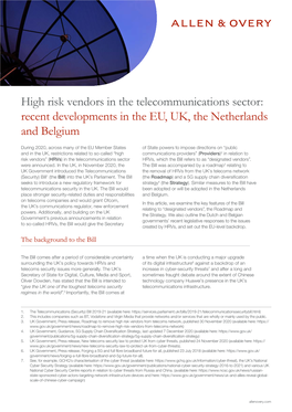 High Risk Vendors in the Telecommunications Sector: Recent Developments in the EU, UK, the Netherlands and Belgium