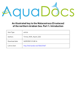 An Illustrated Key to the Malacostraca (Crustacea) of the Northern Arabian Sea