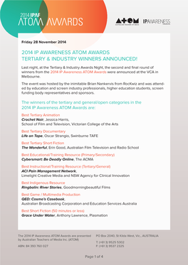 2014 Ip Awareness Atom Awards Tertiary & Industry