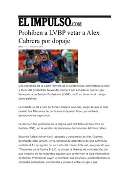 Prohíben a LVBP Vetar a Alex Cabrera Por Dopaje BJV | Archivo |Octubre 5, 2016