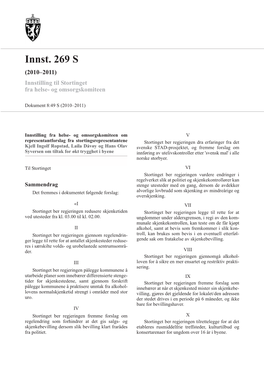 Innst. 269 S (2010–2011) Innstilling Til Stortinget Fra Helse- Og Omsorgskomiteen