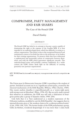 COMPROMISE, PARTY MANAGEMENT and FAIR SHARES the Case of the French UDF