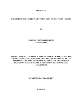 Industrial Noise Levels in Aba Urban Area of Abia State, Nigeria