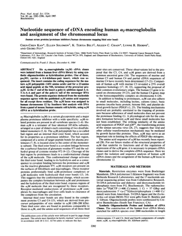 And Assignment of the Chromosomal Locus (Human Serum Proteins/Proteinase Inhibitors/Human Chromosome Mapping/Thiol Ester Bond) CHEN-CHEN KAN*, ELLEN Solomont, K