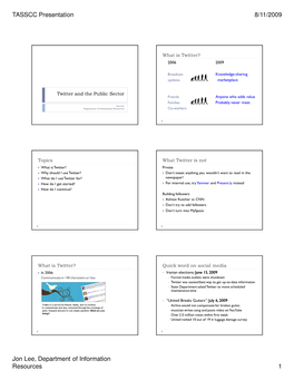 TASSCC Presentation 8/11/2009 Jon Lee, Department of Information Resources 1