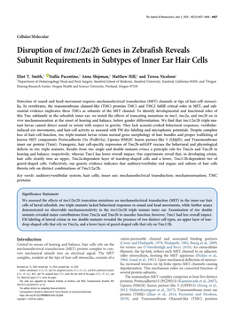 Disruption of Tmc1/2A/2B Genes in Zebrafish Reveals Subunit Requirements in Subtypes of Inner Ear Hair Cells