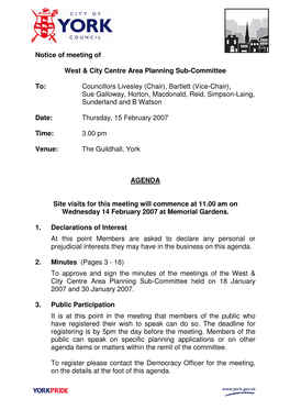 Notice of Meeting of West & City Centre Area Planning Sub