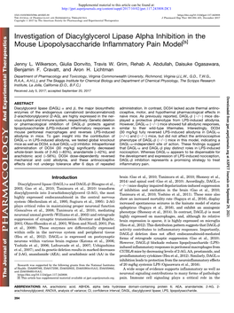 Investigation of Diacylglycerol Lipase Alpha Inhibition in the Mouse Lipopolysaccharide Inflammatory Pain Model[S]
