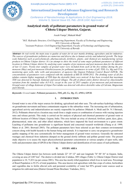 Analytical Study of Pollutant Parameters in Ground Water of Chhota Udepur District, Gujarat-IJAERD