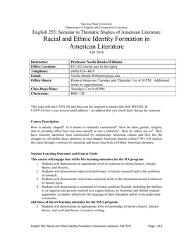 Racial and Ethnic Identity Formation in American Literature Fall 2014