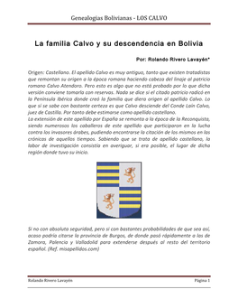 La Familia Calvo Y Su Descendencia En Bolivia