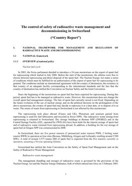 The Control of Safety of Radioactive Waste Management and Decommissioning in Switzerland (“Country Report”)