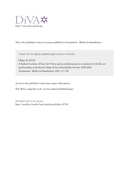 Radical Academy of Fine Art?: Power and Social Dimensions in Recruitment to the Fine Art Professorships at the Royal College of Art in Stockholm, Sweden 1938-2000