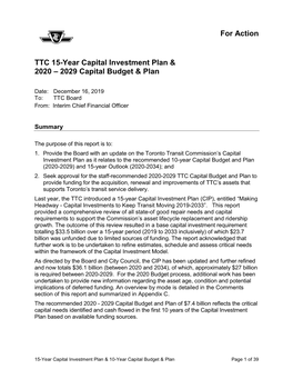For Action TTC 15-Year Capital Investment Plan & 2020