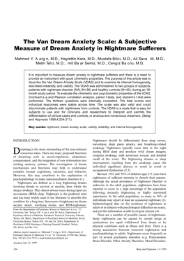The Van Dream Anxiety Scale: a Subjective Measure of Dream Anxiety in Nightmare Sufferers