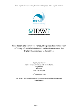 Final Report of a Survey for Harbour Porpoises Conducted from RV Song