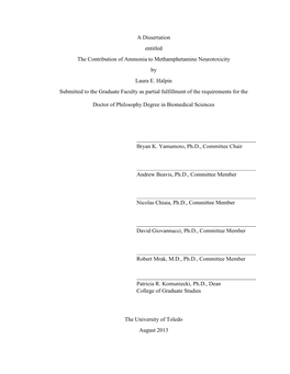 A Dissertation Entitled the Contribution of Ammonia to Methamphetamine Neurotoxicity by Laura E