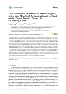 Does Institutional Embeddedness Promote Regional Enterprises’ Migration? an Empirical Analysis Based on the “Double Transfer” Strategy in Guangdong, China