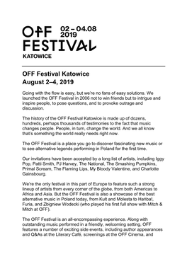 OFF Festival Katowice August 2–4, 2019