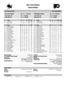 San Jose Sharks Game Notes