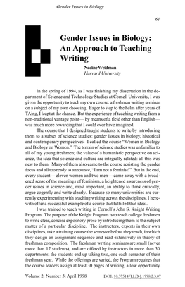 Gender Issues in Biology: an Approach to Teaching Writing Nadine Weidman Harvard University