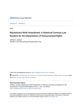 Blackstone's Ninth Amendment: a Historical Common Law Baseline for the Interpretation of Unenumerated Rights