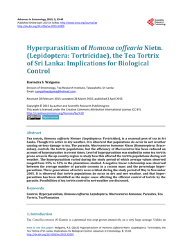 Hyperparasitism of Homona Coffearia Nietn. (Lepidoptera: Tortricidae), the Tea Tortrix of Sri Lanka: Implications for Biological Control