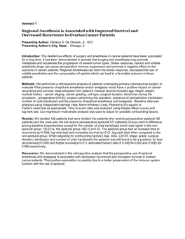 Regional Anesthesia Is Associated with Improved Survival and Decreased Recurrence in Ovarian Cancer Patients