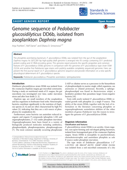 Genome Sequence of Pedobacter Glucosidilyticus Dd6b, Isolated from Zooplankton Daphnia Magna Anja Poehlein1, Rolf Daniel1 and Diliana D