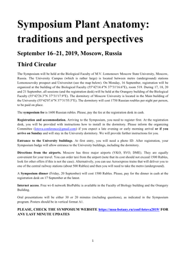 Symposium Plant Anatomy: Traditions and Perspectives September 16–21, 2019, Moscow, Russia Third Circular