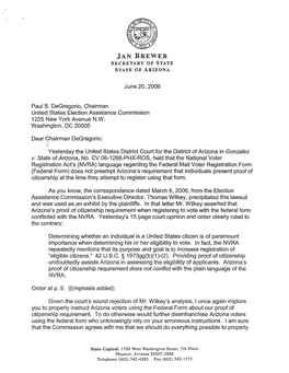 Letter from Arizona Secretary of State Jan Brewer To