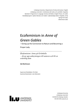 Ecofeminism in Anne of Green Gables – Giving up the Connection to Nature and Becoming a Proper Lady