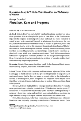 Pluralism, Kant and Progress