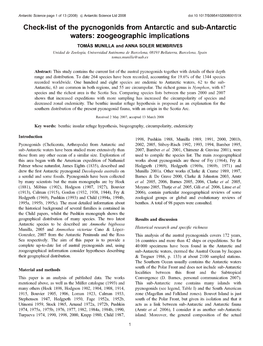 Check-List of the Pycnogonids from Antarctic and Sub-Antarctic Waters: Zoogeographic Implications