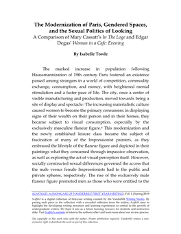 The Modernization of Paris, Gendered Spaces, and the Sexual Politics of Looking a Comparison of Mary Cassatt’S in the Loge and Edgar Degas’ Woman in a Cafe: Evening