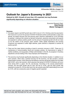 Outlook for Japan's Economy in 2021