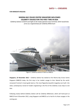 Marina Bay Cruise Centre Singapore Welcomes Celebrity Cruises for The