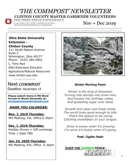 THE COMMPOST’ NEWSLETTER CLINTON COUNTY MASTER GARDENER VOLUNTEERS Nov + Dec 2019 ______