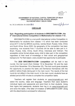 Regarding Participation of Students in BRICSMATH.COM+, the 4Th International Online Competition in Mathematics for Classes 1-12
