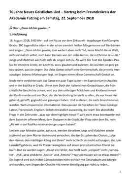 70 Jahre Neues Geistliches Lied – Vortrag Beim Freundeskreis Der Akademie Tutzing Am Samstag, 22