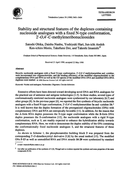 Stability and Structural Features of the Duplexes Containing Nucleoside Analogues with a Fixed N-Type Conformation, 2'-O,4'- C-Methyleneribonucleosides