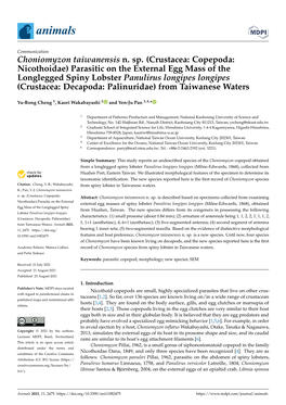 Choniomyzon Taiwanensis N. Sp. (Crustacea: Copepoda: Nicothoidae) Parasitic on the External Egg Mass of the Longlegged Spiny