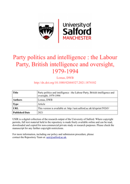 The Labour Party, British Intelligence and Oversight, 1979-1994 Lomas, DWB