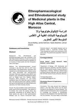 Ethnopharmacological and Ethnobotanical Study of Medicinal Plants in the High Atlas Central