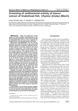 Screening of Antibacterial Activity of Mucus Extract of Snakehead Fish, Channa Striatus (Bloch)