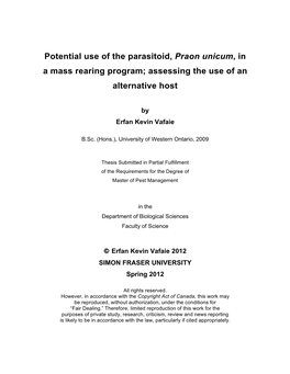 Potential Use of the Parasitoid, Praon Unicum, in a Mass Rearing Program; Assessing the Use of an Alternative Host