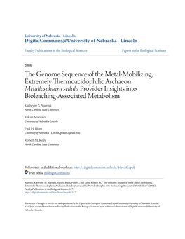 Metallosphaera Sedula Provides Insights Into Bioleaching-Associated Metabolism Kathryne S