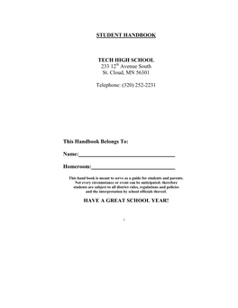 STUDENT HANDBOOK TECH HIGH SCHOOL 233 12Th Avenue South St. Cloud, MN 56301 Telephone