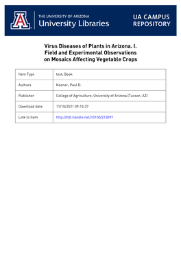 Virus Diseases of Plants in Arizona. I. Field and Experimental Observations on Mosaics Affecting Vegetable Crops